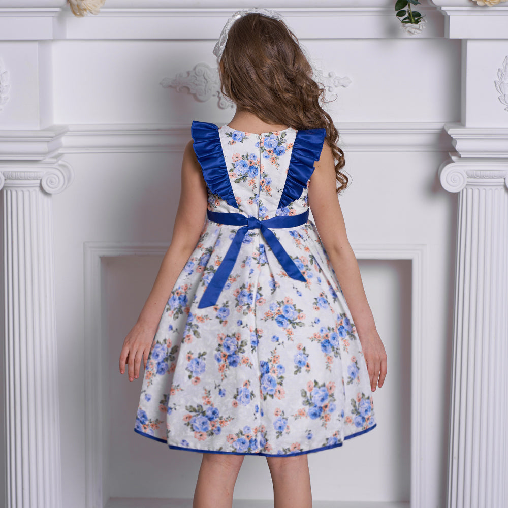 Girls Elegant Floral Party Dress with Blue Satin Accents