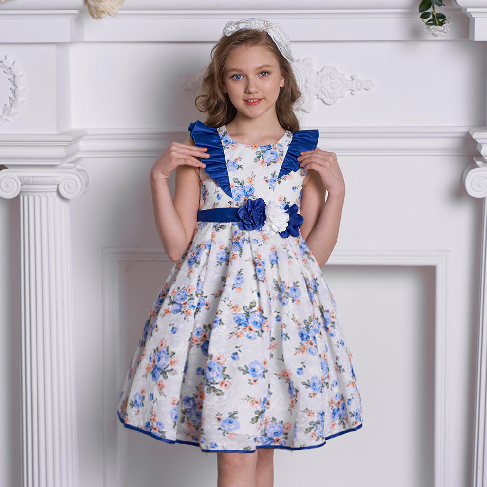 Girls Elegant Floral Party Dress with Blue Satin Accents