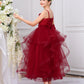 Elegant Burgundy Princess Flower Girl Dress with Lace Bodice & Layered Tulle Skirt