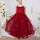Elegant Burgundy Princess Flower Girl Dress with Lace Bodice & Layered Tulle Skirt