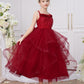 Elegant Burgundy Princess Flower Girl Dress with Lace Bodice & Layered Tulle Skirt