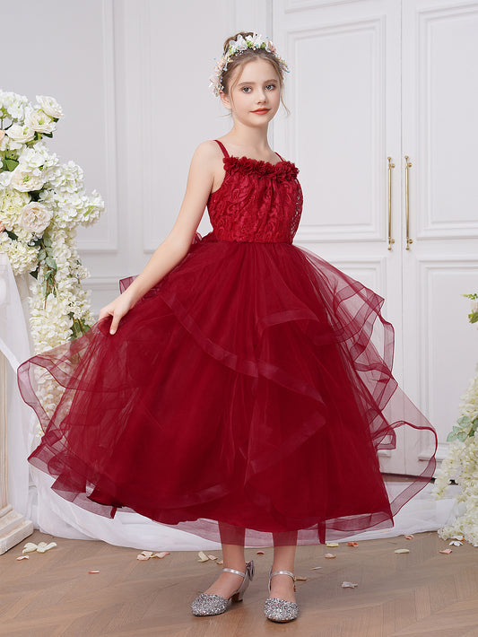 Elegant Burgundy Princess Flower Girl Dress with Lace Bodice & Layered Tulle Skirt