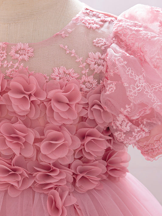 MTN Bee Blue &pink Blossom Princess Dress – 3D Floral & Lace Party Gown for Girls
