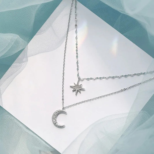 Silver Double Layer Necklace – Star & Moon Pendant